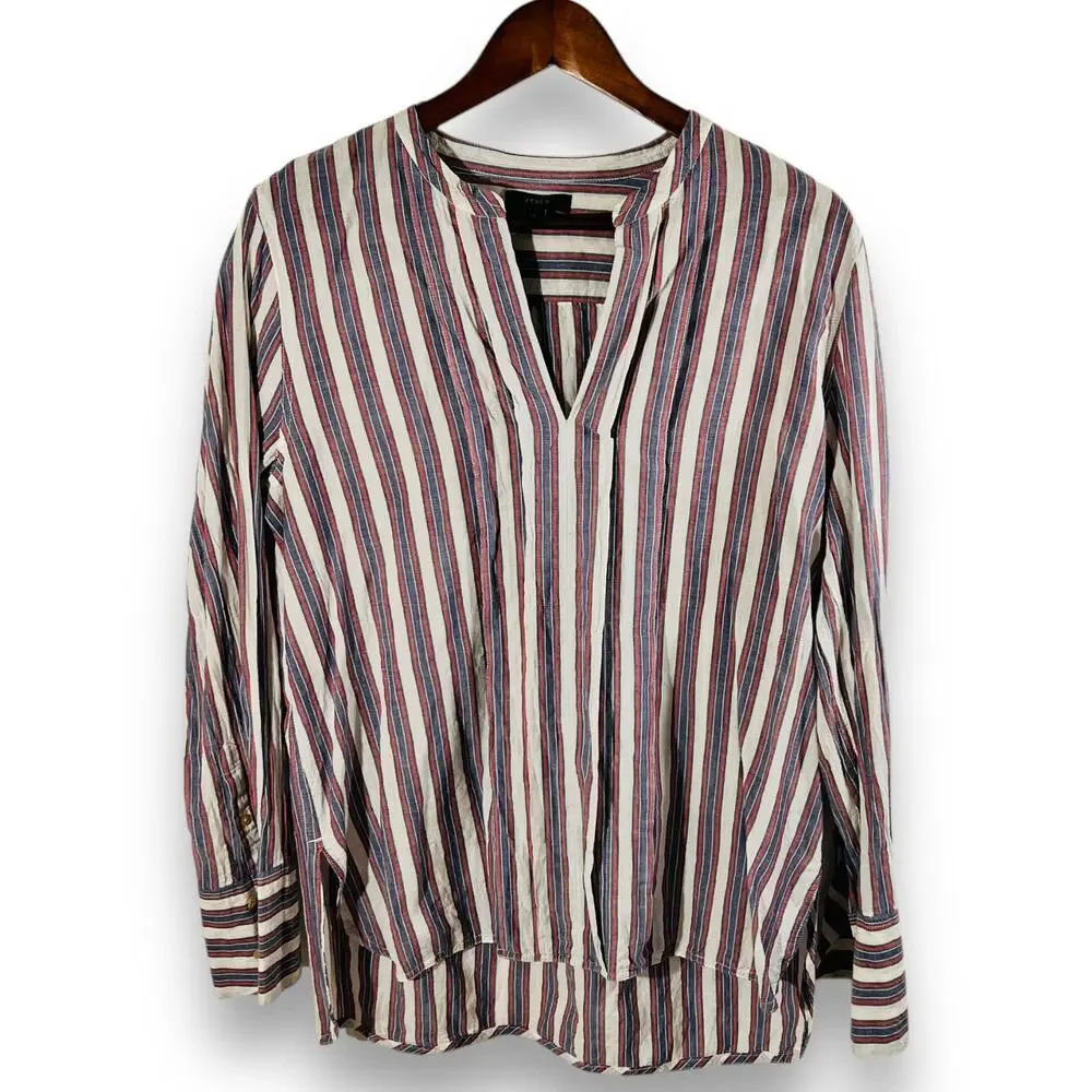 J.Crew Striped Popover Blouse 12 Split Neck Tunic Red Blue Cotton Shirt